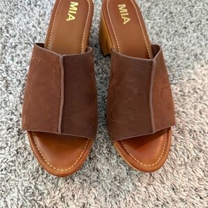MIA Brown Suede Open-Toe Block Heel Mules